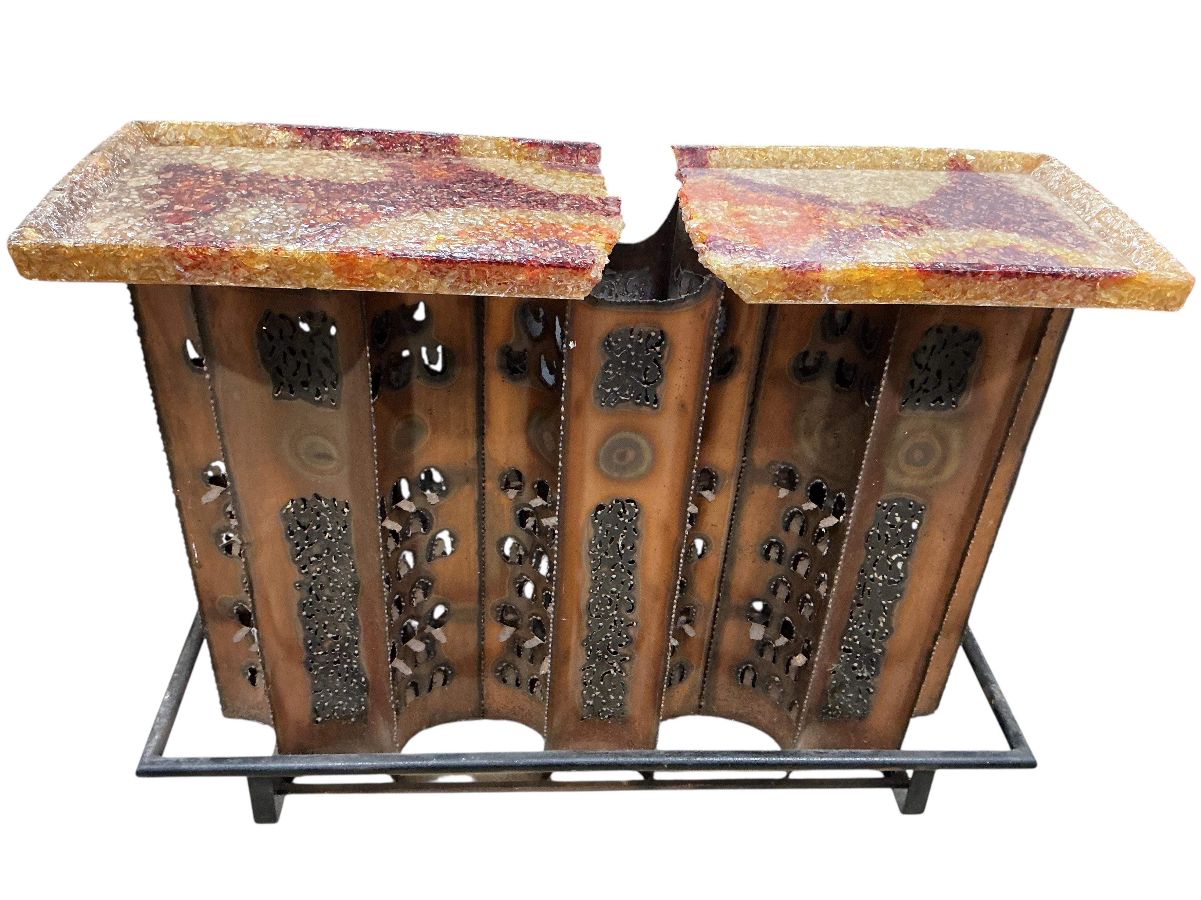 A Contemporary metal and bonded glass illuminating bar with under shelves, width 138cm, depth 45cm, height 108cm